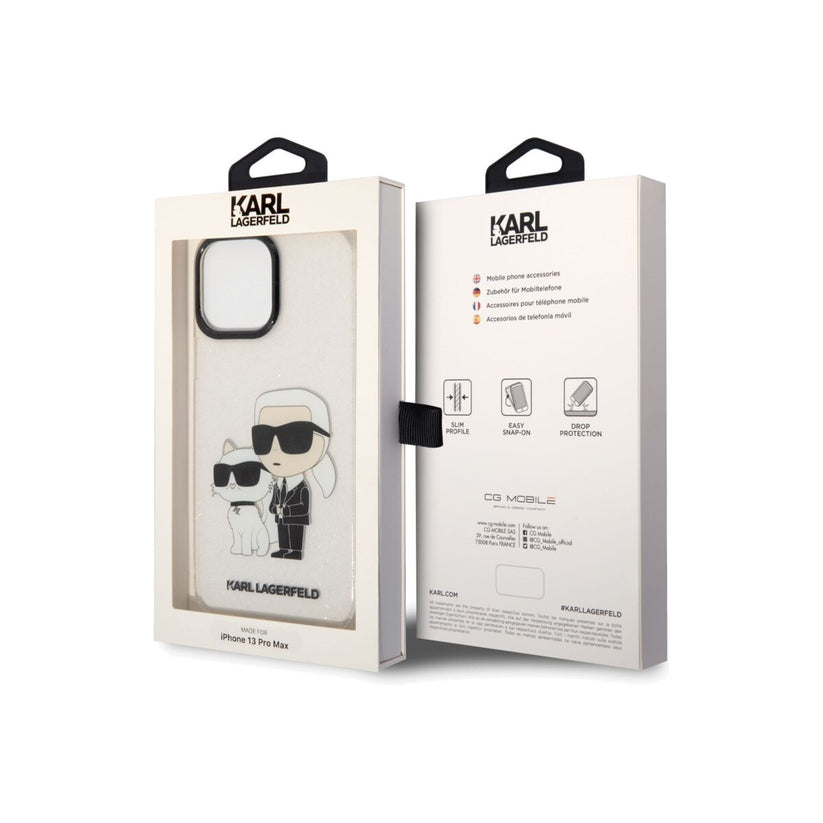 Kryt pro iPhone 13 Pro Max Karl Lagerfeld IML Glitter Karl and Choupette NFT - průhledný