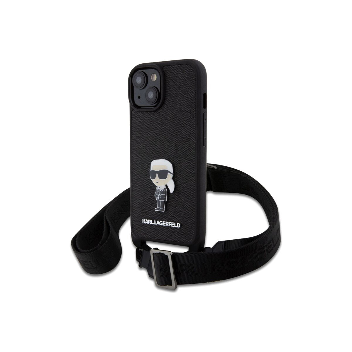 Kryt s popruhem přes rameno pro iPhone 15 Karl Lagerfeld Saffiano Crossbody Metal Ikonik - černý - iSTYLE CZ