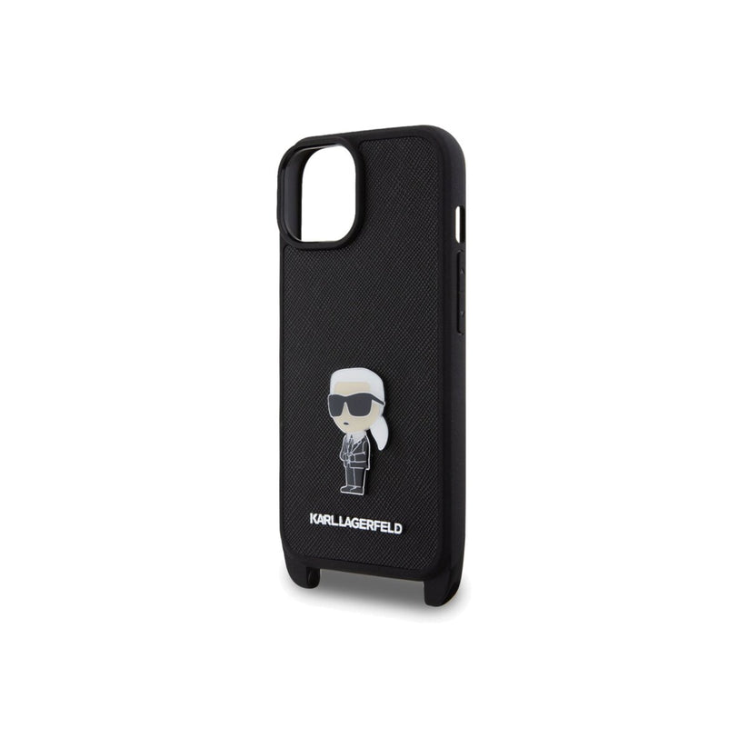 Kryt s popruhem přes rameno pro iPhone 15 Karl Lagerfeld Saffiano Crossbody Metal Ikonik - černý - iSTYLE CZ
