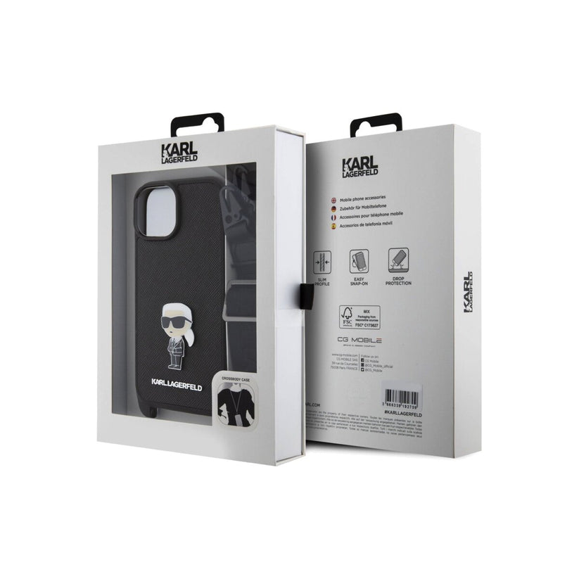 Kryt s popruhem přes rameno pro iPhone 15 Karl Lagerfeld Saffiano Crossbody Metal Ikonik - černý - iSTYLE CZ