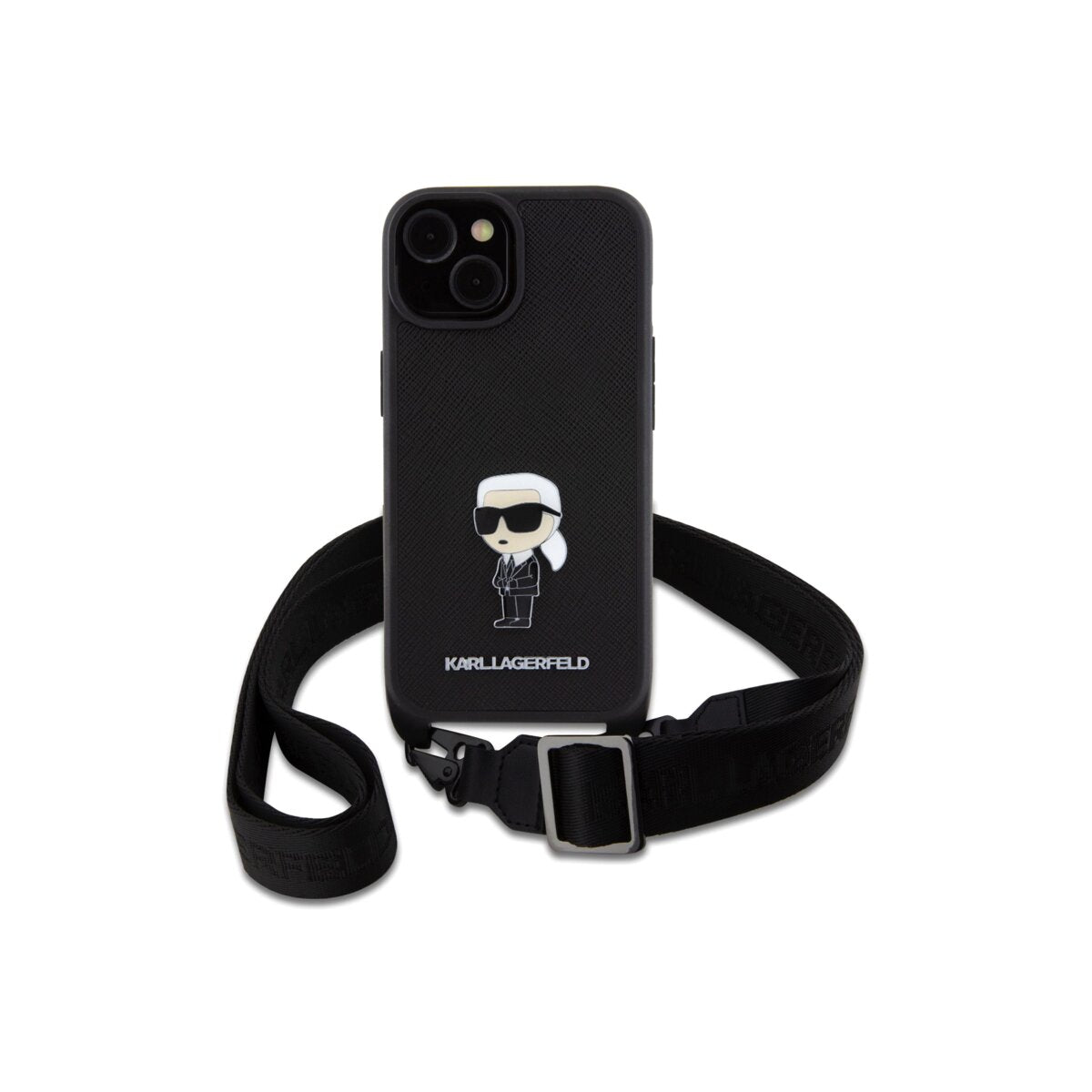 Kryt s popruhem přes rameno pro iPhone 15 Karl Lagerfeld Saffiano Crossbody Metal Ikonik - černý - iSTYLE CZ