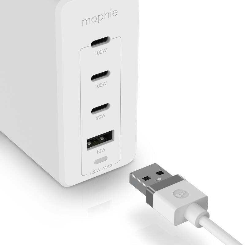 120W GaN nabíječka Mophie 3× USB-C, 1× USB-A PD/HUB - bílá