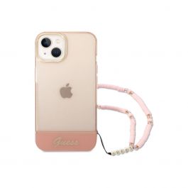 Kryt s poutkem pro iPhone 14 Plus Guess Camera Outline Translucent loop - růžový