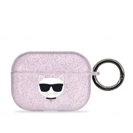 Pouzdro na AirPods Pro Karl Lagerfeld Glitter Choupette Head - růžové