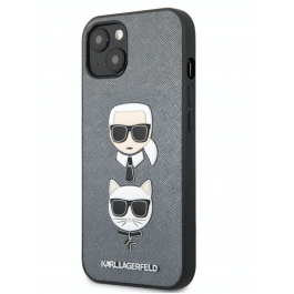Pouzdro na iPhone 13 mini Karl Lagerfeld and Choupette Saffiano - stříbrné