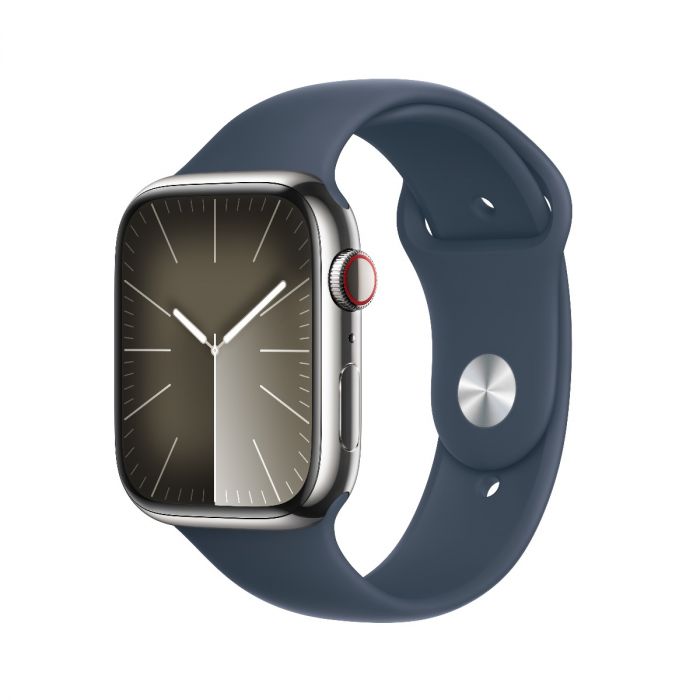 Apple Watch Series 9 GPS + Cellular 45mm stříbrné pouzdro z nerezové oceli  s bouřkově modrým sportovním řemínkem - S/M