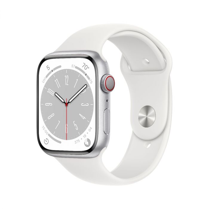 Apple Watch Series 8 GPS + Cellular 45mm stříbrné hliníkové pouzdro s bílým  sportovním řemínkem