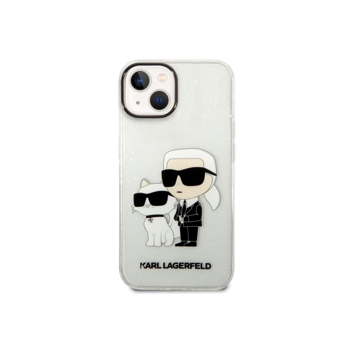 Pouzdro Karl Lagerfeld IML Glitter Karl and Choupette NFT iPhone 14 Plus čiré