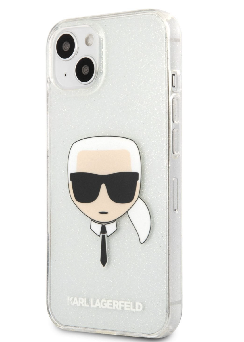 Pouzdro Karl Lagerfeld TPU Full Glitter Karl Head iPhone 13 mini Silver