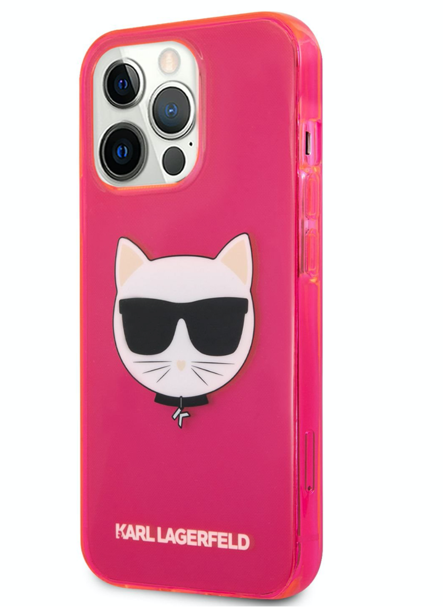 Pouzdro Karl Lagerfeld hard silikonové iPhone 13 Pro MAX Glitter Choupette Fluo růžové