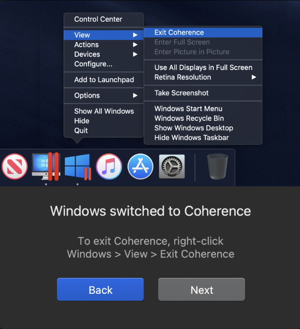 Parallels Desktop Coherence na počítačích Mac M1 a M2