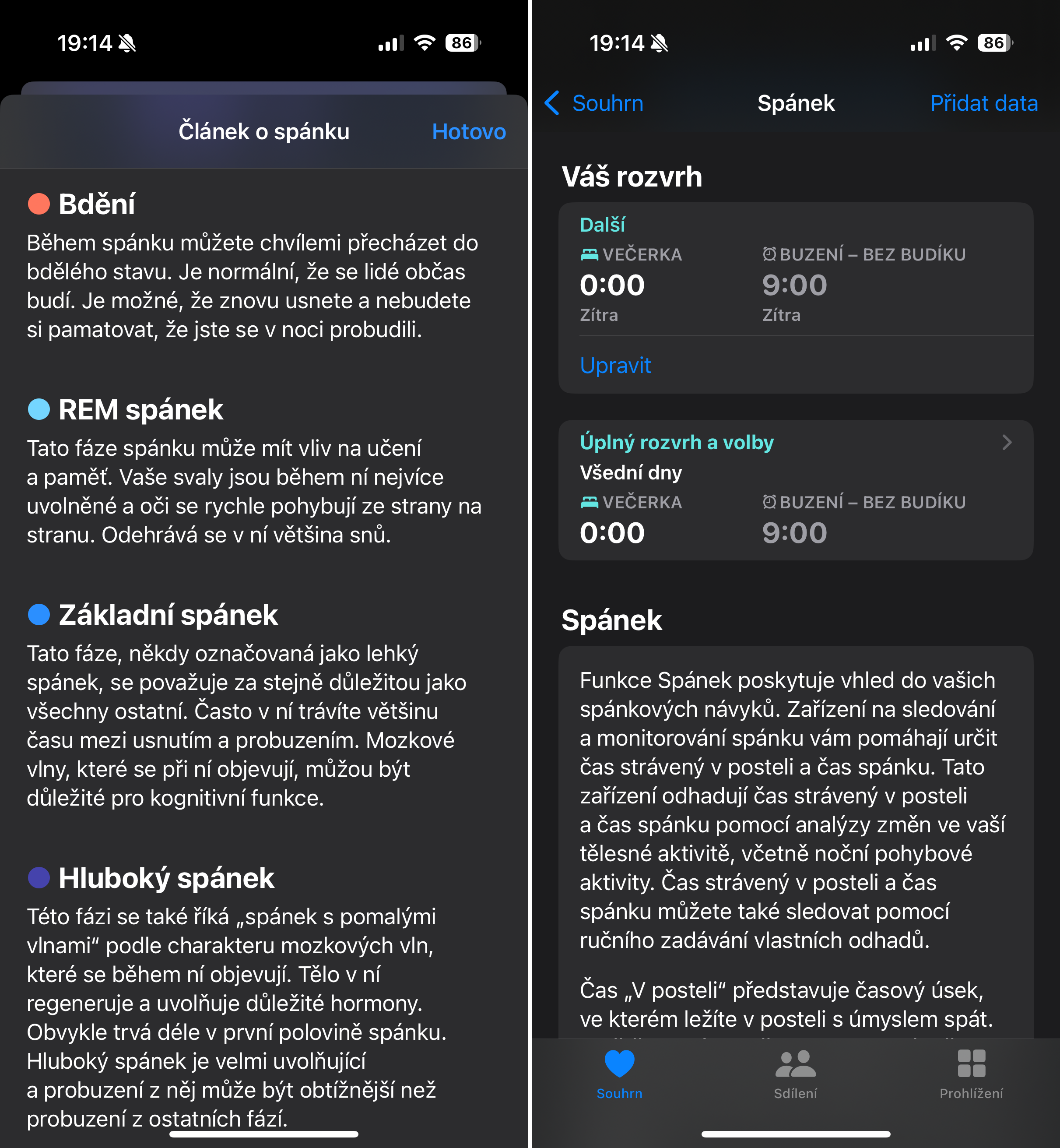 Výsledky sledování spánku na iPhonu