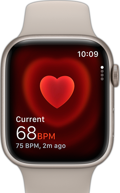 Pohled zepředu na Apple Watch, na kterých se ukazuje něčí tepová frekvence.