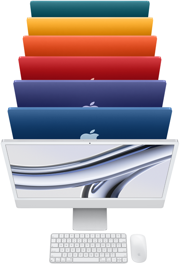 Pohled z boku na počítače iMac otočené displejem doprava – v řadě vedle sebe je zelený, žlutý, oranžový, růžový, fialový, modrý a stříbrný.