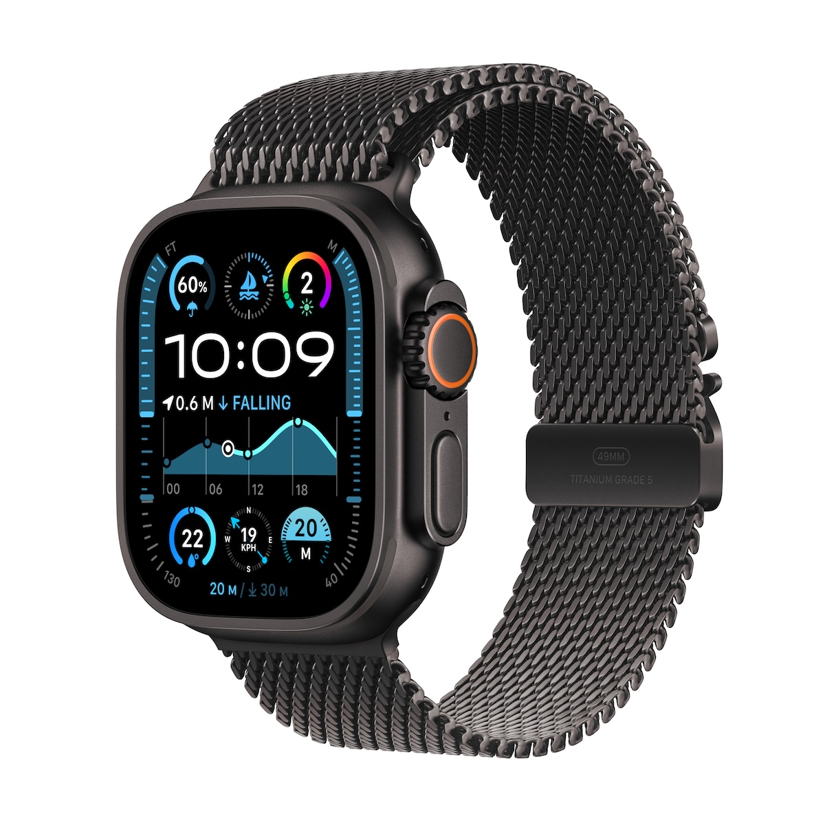 Apple Watch Ultra 2 GPS + Cellular, 49mm černě titanové pouzdro s černě titanovým milánským tahem z titanu - L - mx5v3cs/a