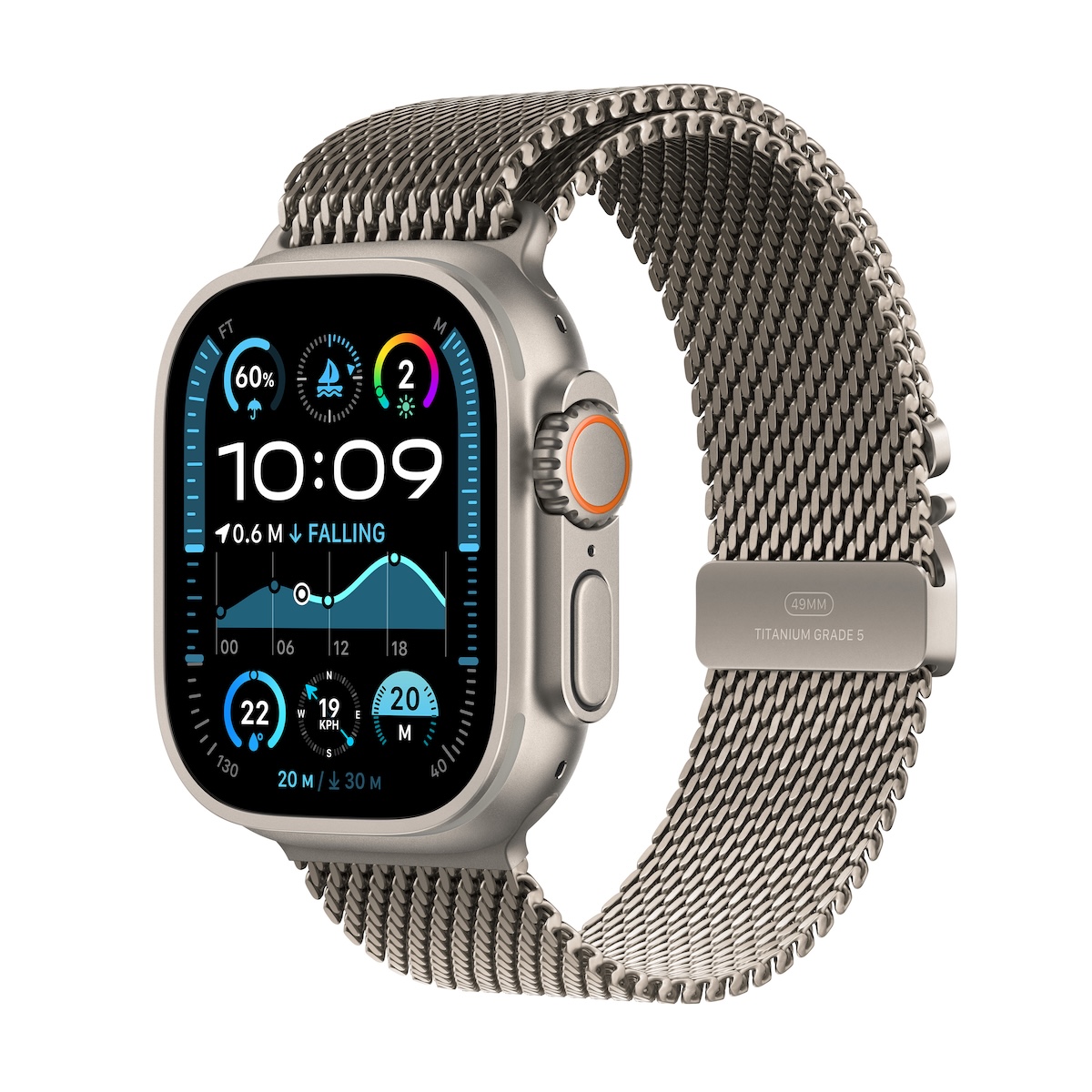 Apple Watch Ultra 2 GPS + Cellular, 49mm přírodně titanové pouzdro s přírodně titanovým milánským tahem z titanu - M - mx5r3cs/a