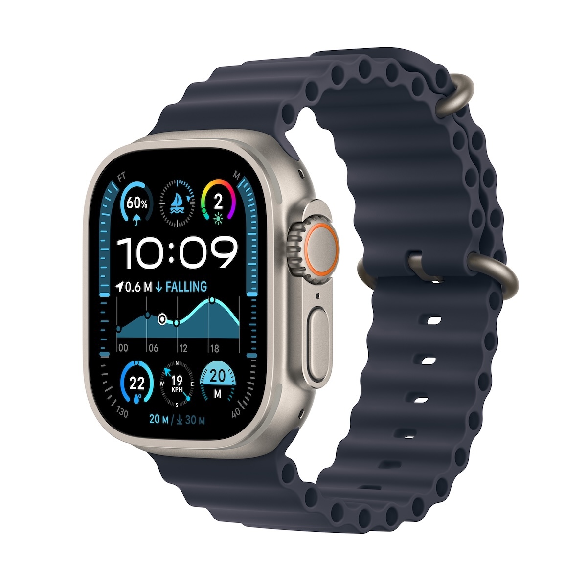 Apple Watch Ultra 2 GPS + Cellular, 49mm přírodně titanové pouzdro s ledově modrým oceánským řemínkem - mx4d3cs/a
